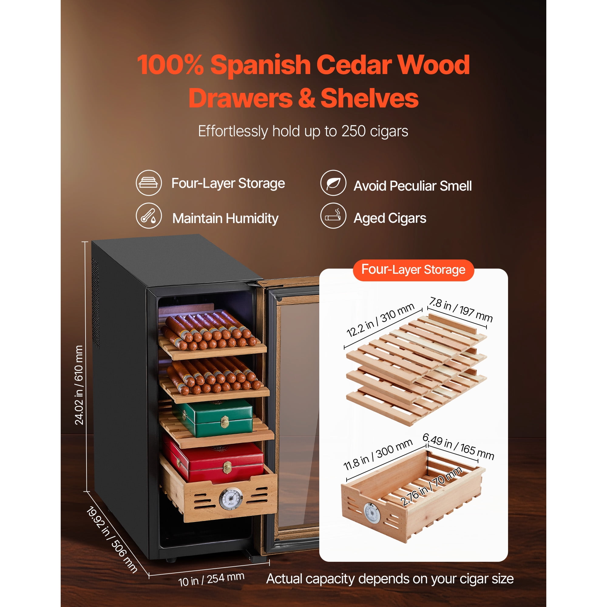 KFFKFF Electric Humidor Cabinet, 33L Capacity, Holds Up to 250 Cigars with Temperature Control, Spanish Cedar Shelves & Drawers, Mechanical Hygrometer, 4-Tier Design, Ideal for Home Use