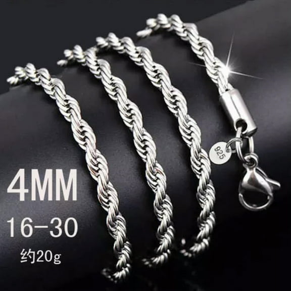 K-KED 925Sterling Silver Fashion Flash Wrested Rope Chains Necklace 4mm 16"-30"-16