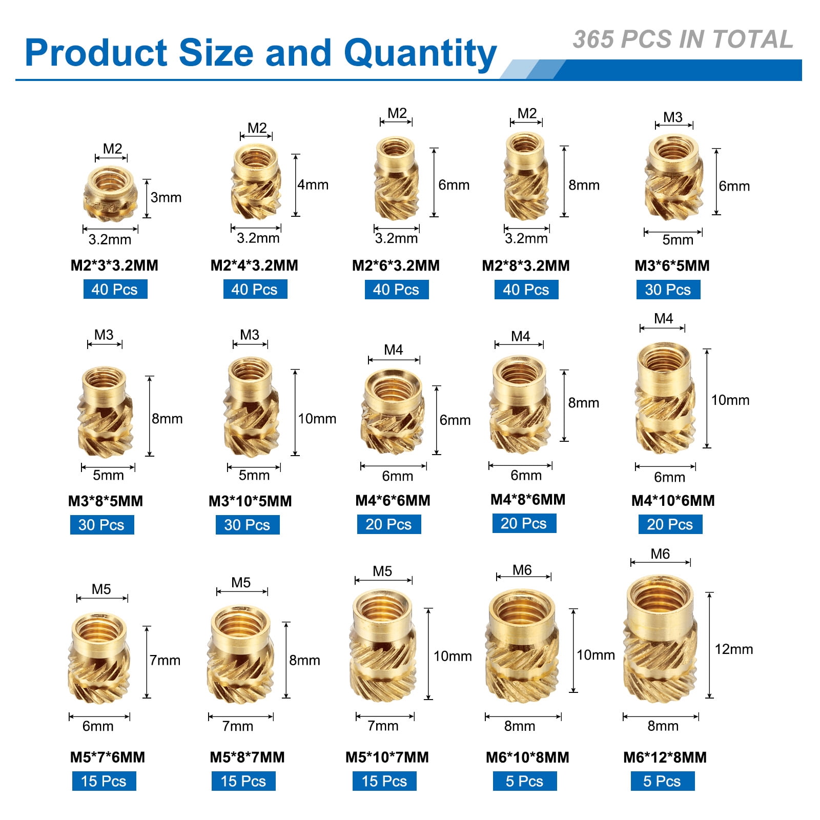 365Pack M2 M3 M4 M5 M6 Metric Threaded Inserts Brass Heat Set Insert Knurled Nuts Assortment Kit, 3D Printing Brass Nuts Female Threaded Inserts Nuts
