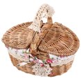thumbnail image 1 of Nikou Oval Double Lidded Wicker Linen Floral Picnic Storage Basket Holiday Camping Use Home Decor, 1 of 8