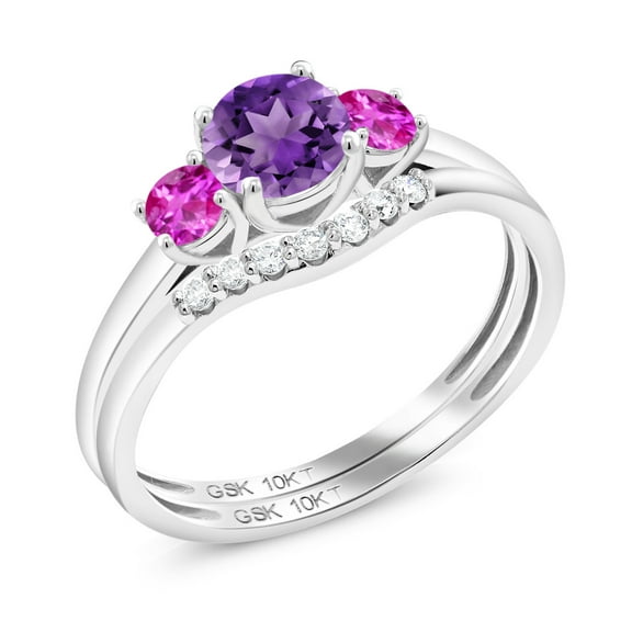 10K White Gold Purple Amethyst and Pink Sapphire and White Lab Grown Diamond 3-Stone Bridal Engagement Wedding Ring Set for Women (0.78 Cttw, Gemstone February Birthstone, Round 5MM, Size 7)