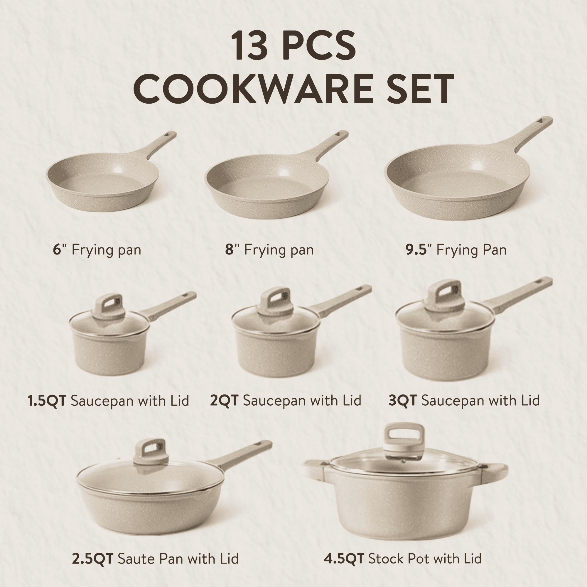 Carote 13 Pcs Nonstick Cookware Sets, Non Stick Pots and Pans Set, Induction Cookware, Taupe