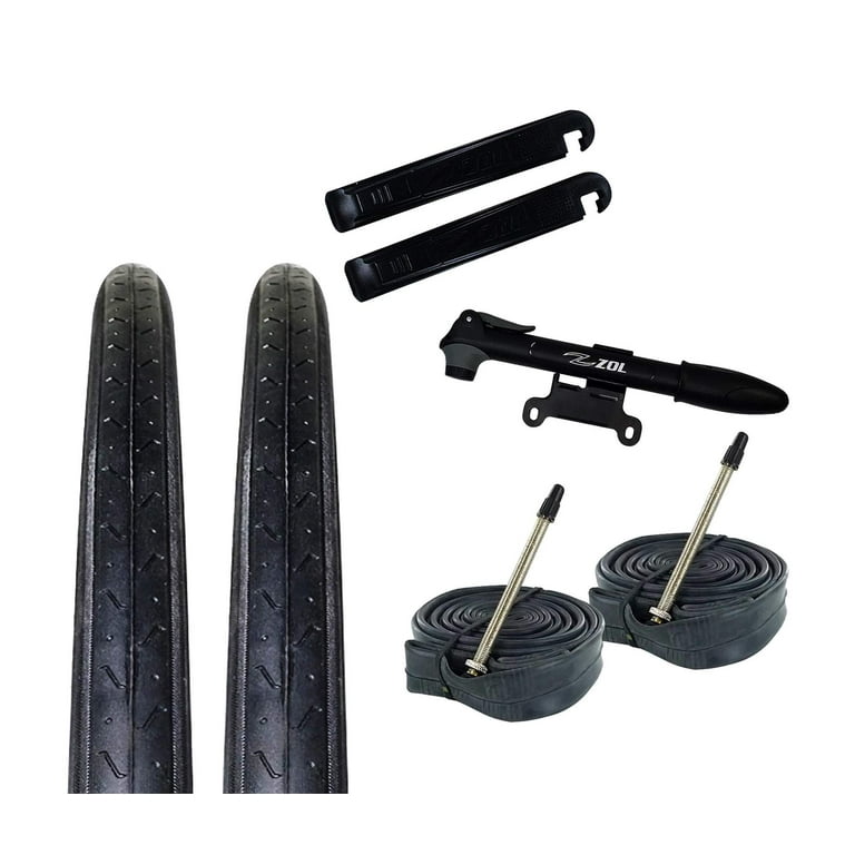 Zol Bundle 2 Pack Z1179 Road Tires 2 Bike Tubes 700x23C Presta French 2 Tire Levers and 1 Zol Mini Pump 80mm