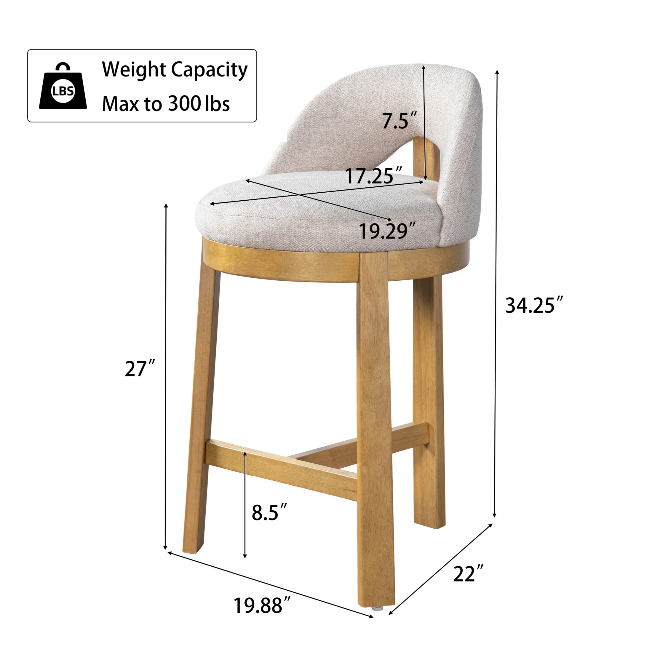 Christopher Knight Home Modern Upholstered Counter Stools with Curved Back, Wood Frame, Natural+Beige, Set of 4