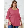 thumbnail image 6 of SHOWMALL Women's Plus Size Tops Bell-Sleeve Ultimate Tee Shirt Purple Red 3X Scoop Neck Casual Tunic Tops 3/4 Sleeves Basic Tops, 6 of 7