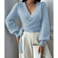 thumbnail image 5 of Women'S Casual V Neck Wrap Sweater Pullover Long Sleeve Slim Fit Knit Crop Top Sweater Light Blue S, 5 of 9