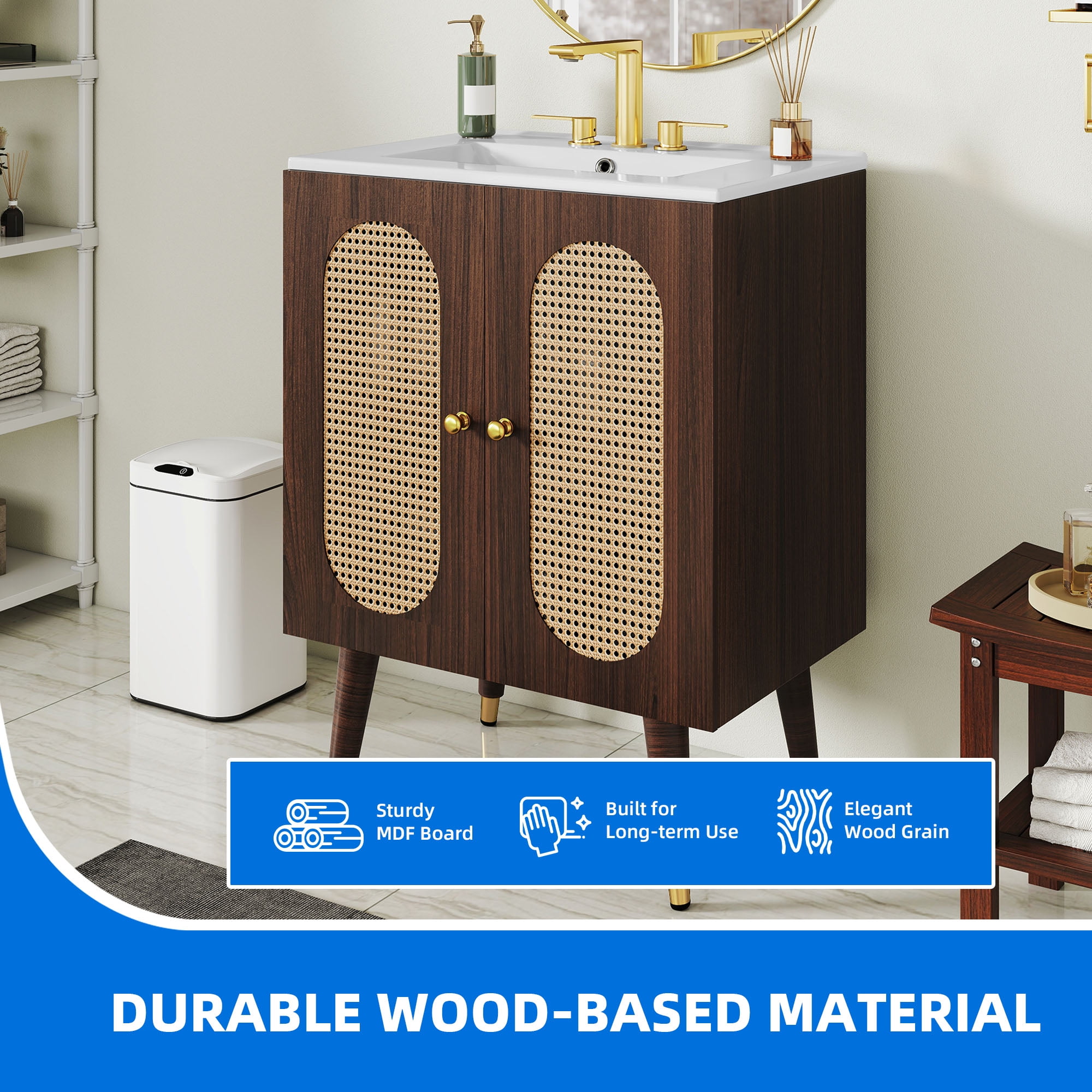 Dextrus 24" Bathroom Vanity with Sink, Freestanding Wooden Cabinet Vanity with Soft-Closing Door, Brown