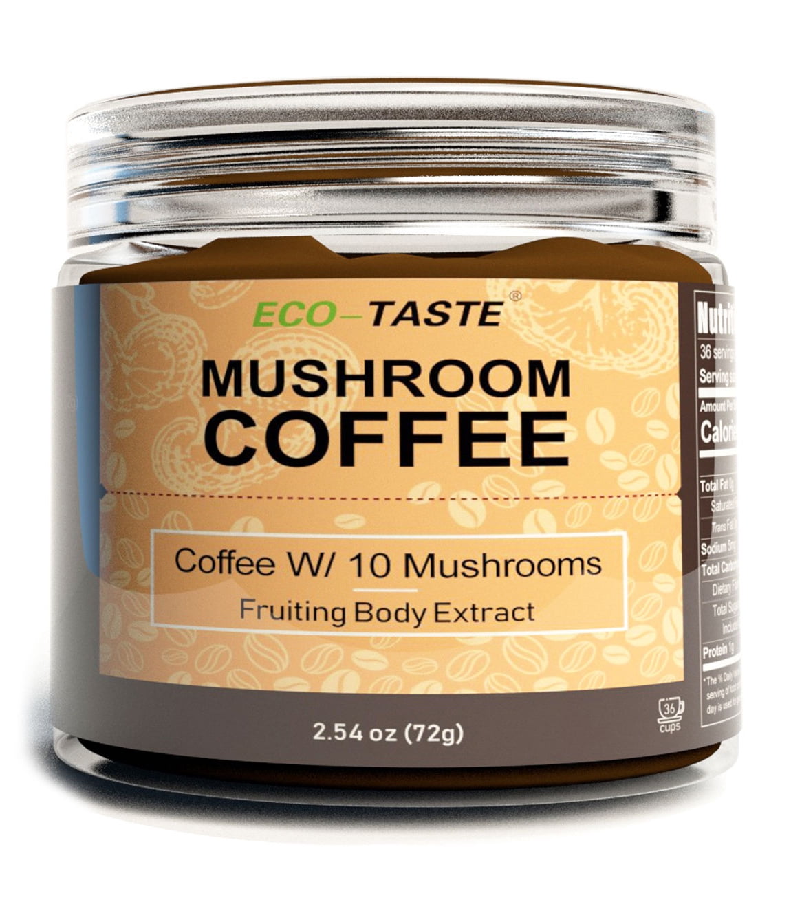Eco-Taste Organic Mushroom Coffee Powder,  Includes 10 Mushrooms with 30% Beta-Glucan, 72 Grams