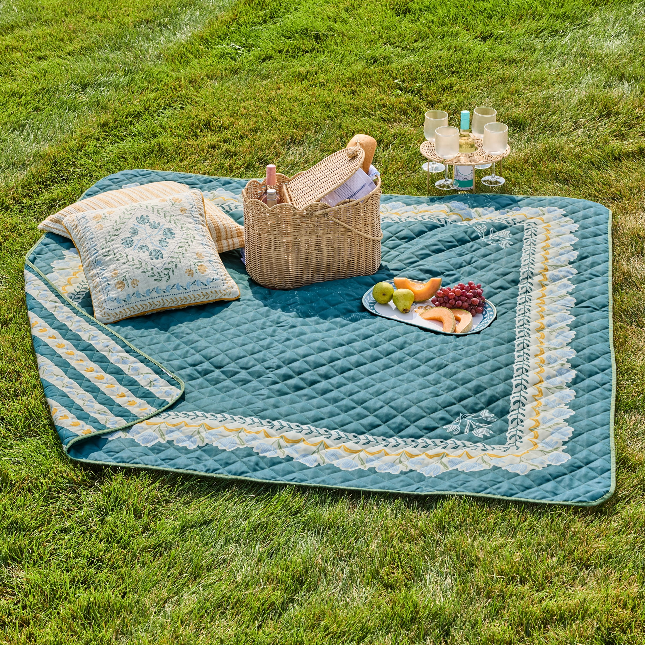 Better Homes & Gardens Sylvia Reversible Floral Outdoor Blanket Teal Stone 72 x 72