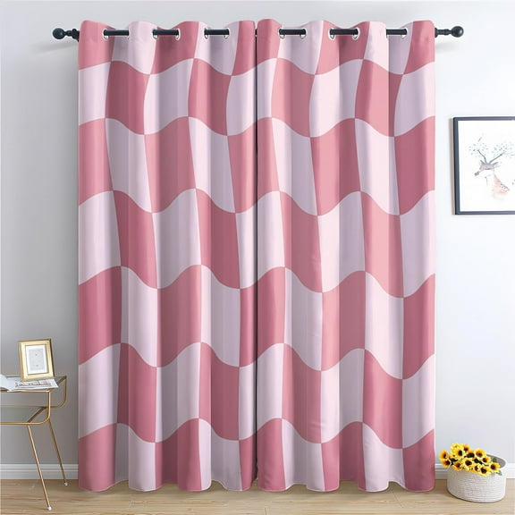 Pink Checkered Curtains, Geometric Blackout Curtains, Modern Curtains For Bedroom Living Room Decor, Thermal Insulated Grommet Drapes52"W x 63"L (Pack of 2)