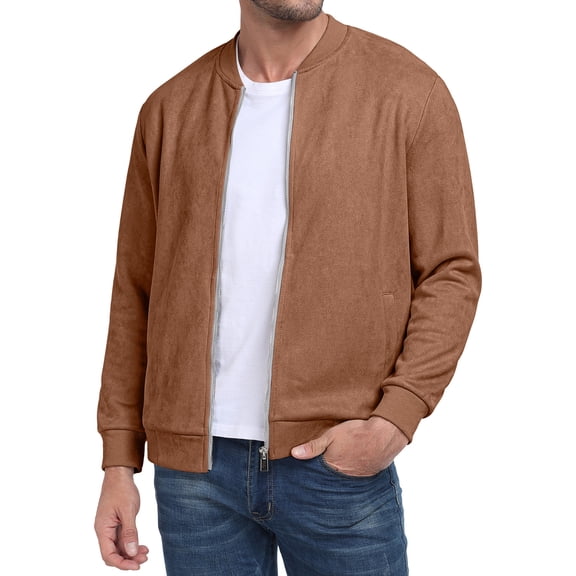 GIRUNS Men's Casual Varsity Jacket Vintage Suede Bomber Jackets Lightweight Outerwear Coat Brown L