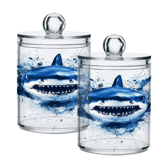2 Pack Bathroom Canisters Transparent Storage Jar for Cotton Ball, Swab, Floss An Blue Angry Shark