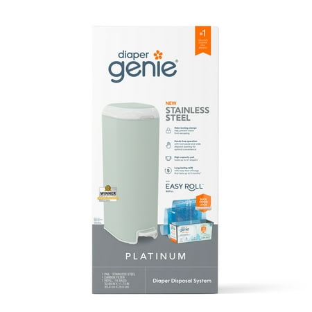 Diaper Genie Platinum Pail, Stainless Steel Diaper Pail, Includes 18 Refill Bags, 5 Month Supply, Sage Green