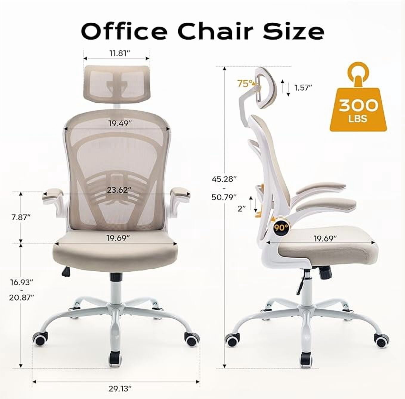 Ergonomic High-Back Mesh Office Chair – Adjustable Headrest & Flip-Up Armrests, Desk Chair with Wheels, 300 lbs Capacity for Home or Study, White