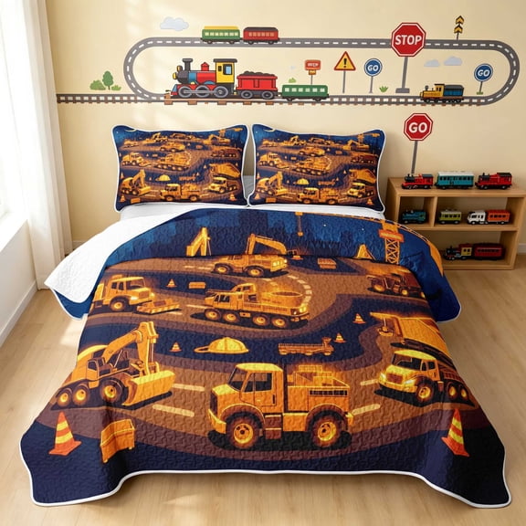 Erosebridal Construction Site Twin Quilt Set, Truck Twin Coverlet Set, Construction Site 2 Pieces 1 Bedspread and 1 Pillowcase