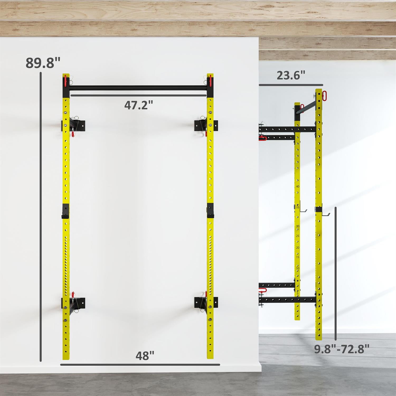 Demi Bonn Folding Squat Rack with Pull Up Bar - Wall Mounted, Adjustable 1000 LBS Capacity Power Rack ,Yellow