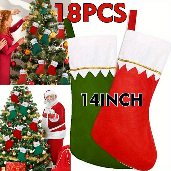 ZOELNIC 18PCS Felt Christmas Stockings Bulk 14 Inch Xmas Fireplace Socks Christmas Tree Hanging Stockings Snowflake Christmas Tree Hanging Tag For Holiday Decor (Red, Green)