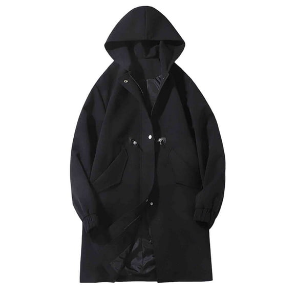 Lovzfmll Men's Long Trench Coat Drawstring Toggle Pockets Hooded Black, XL