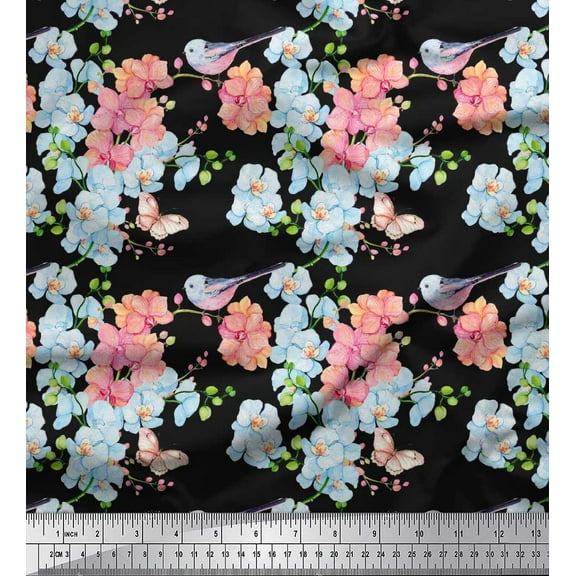 Soimoi Black Cotton Duck Fabric Bird,Leaves & Flower Floral Print Fabric by Yard 42 Inch Wide