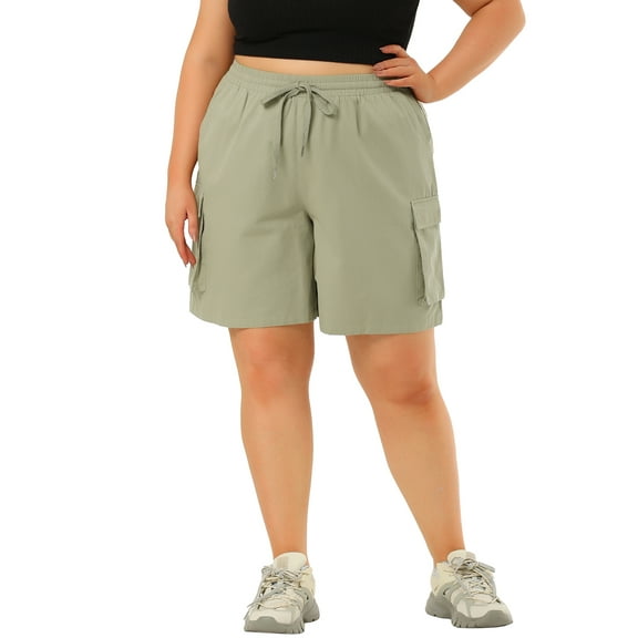 Unique Bargains Women's Plus Drawstring Elastic Waist Cargo Shorts
