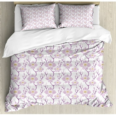 Orchids Duvet Cover Set King Size, Romantic Foliage Flora Spring Inspiration Style Wild Flowers Bouquet, Decorative 3 Piece Bedding Set with 2 Pillow Shams, Olive Green White Pink, by Ambesonne