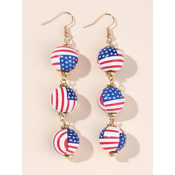 MYFLOCY Women American Flag Drop Earrings 4th of July Patriotic Pendant Wooden Ball Earrings