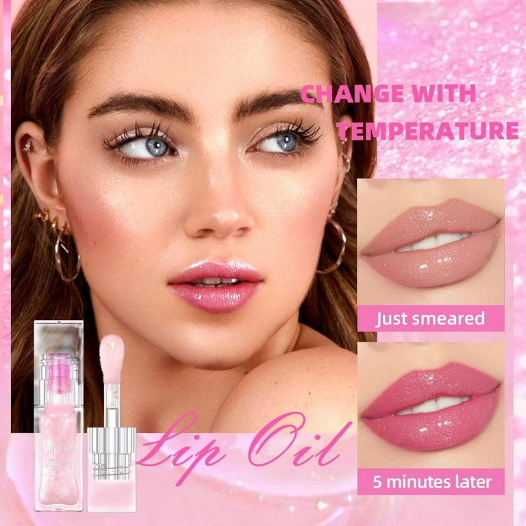 Color Changing Lip Gloss Lipstick Natural Glitter Magic Color Changing PH Lip Balm Big Brush Head Long Lasting Moisturizing Plumping Non Sticky Pink