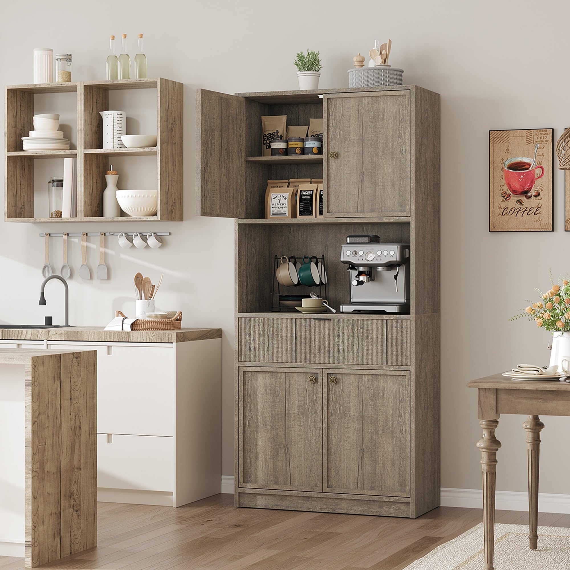 Huisuilinss Fluted Pantry Cabinet,Kitchen Pantry Cabinet,70" Tall Pantry Storage Cabinet With Countertop,Kitchen Hutch Cabinet With Doors And Drawer,Freestanding Cupboard For Dining Room Living Room
