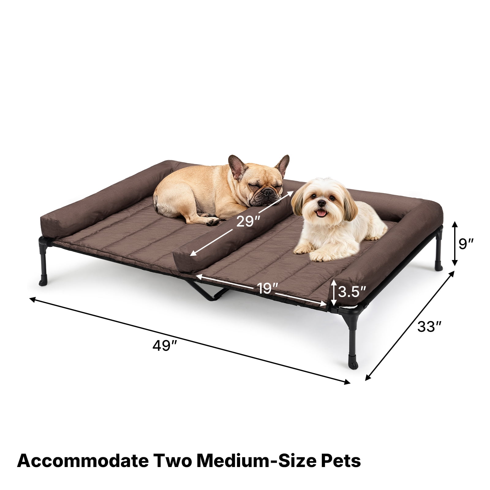 Veehoo Cooling Raised Dog Bed + Removable Double Dog Bed Cushion for Two Medium Dogs, Elevated Dog Bed with Waterproof Bolster Mat, Breathable Mesh, No-Slip Feet, Dog Couch Bed, Brown CWC2331D