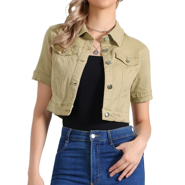 Chaqueta de mezclilla corta de mujer INSPIRE CHIC para el Día de la Madre, con mangas cortas y botones, talla S, color caqui