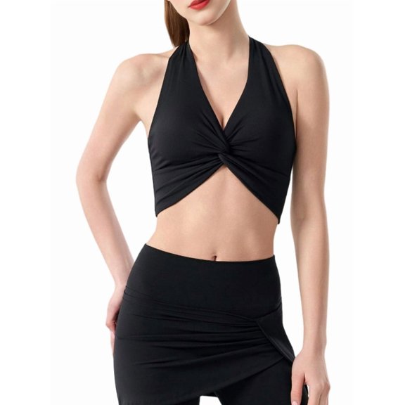 Women's Halter Twist Front T-Back Cropped Sports Tank Top Black S