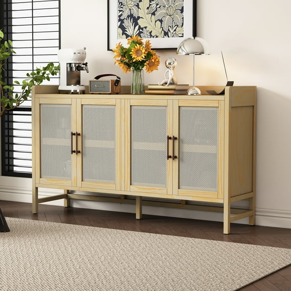 YIYADO Rattan Sideboard, Buffet Cabinet, Sideboard Cabinet with Decorative Rattan Doors, Storage Cabinet for Dining Room Living Room, Natural