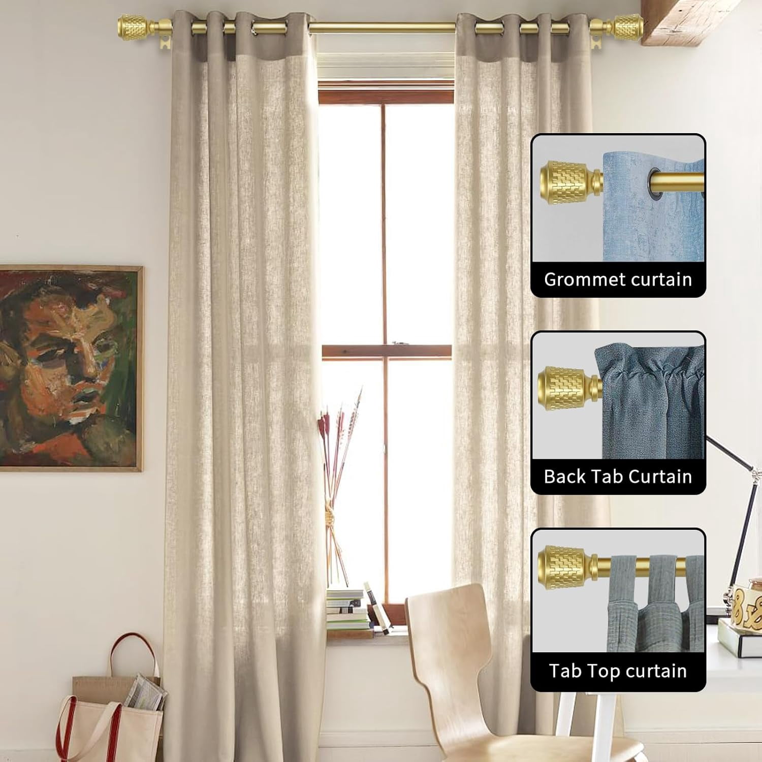 eTeckram 5/8" Single Curtain Rod with Vieve Finials,Gold,84‘’-120‘’