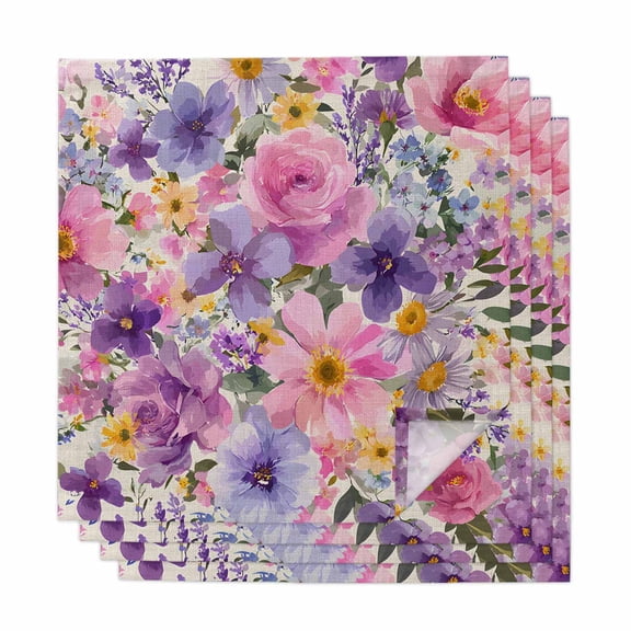Farmhouse Flowers Cloth Napkins, Spring Watercolor Purple Pink Floral Beige Washable and Reusable Dinner Napkins Set of 4, Table Napkin for Kitchen Party Birthday Wedding Hotel Housewarming 20"x20"
