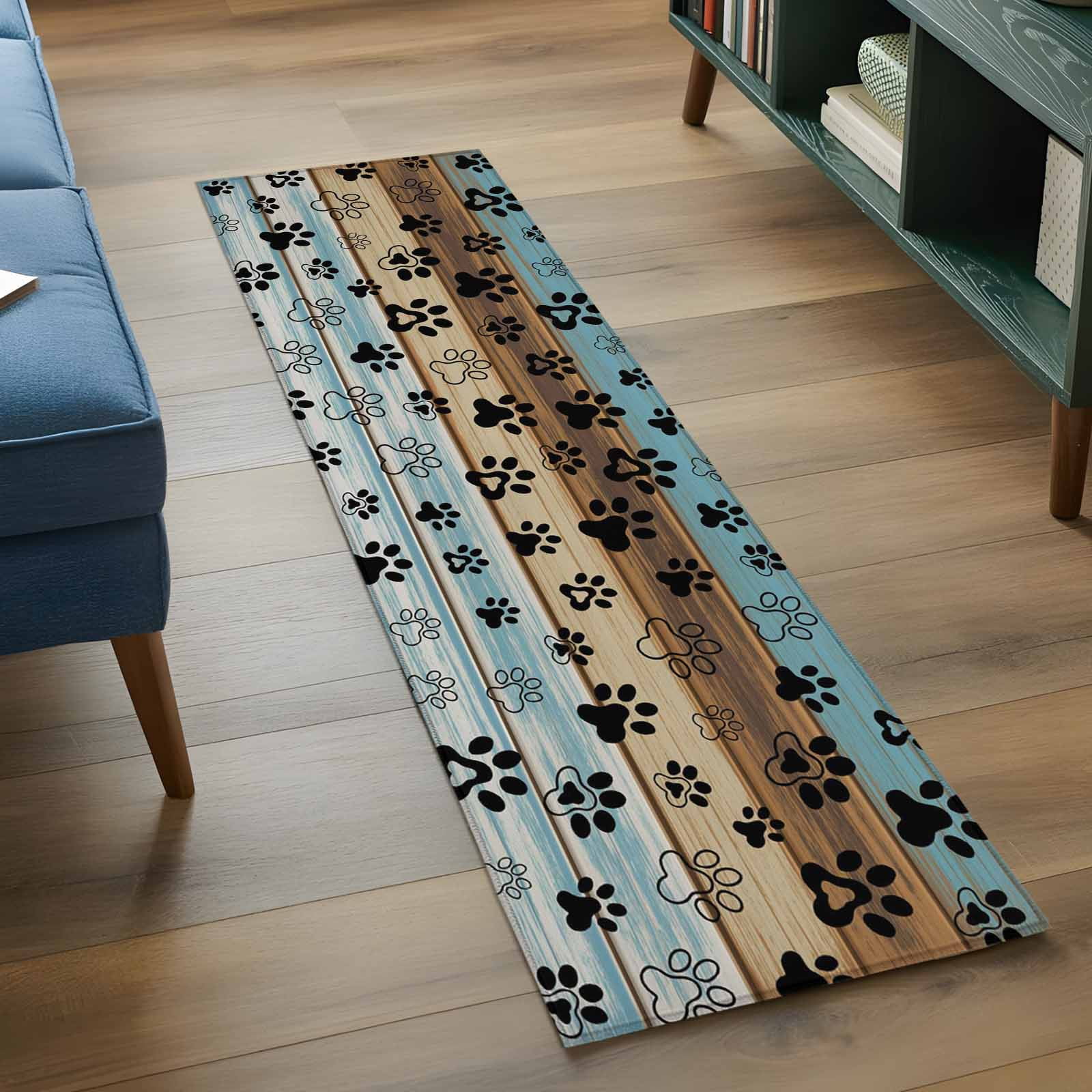 2'x6' Rug Runners for Hallways Kitchen, Cute Dog Claws Non Slip Entryway Beside Floor Carpet Runner, Farmhouse Blue Wooden Puppy Pawprints Washable Laundry Room Bedroom Throw Rugs Mat for Family Pet