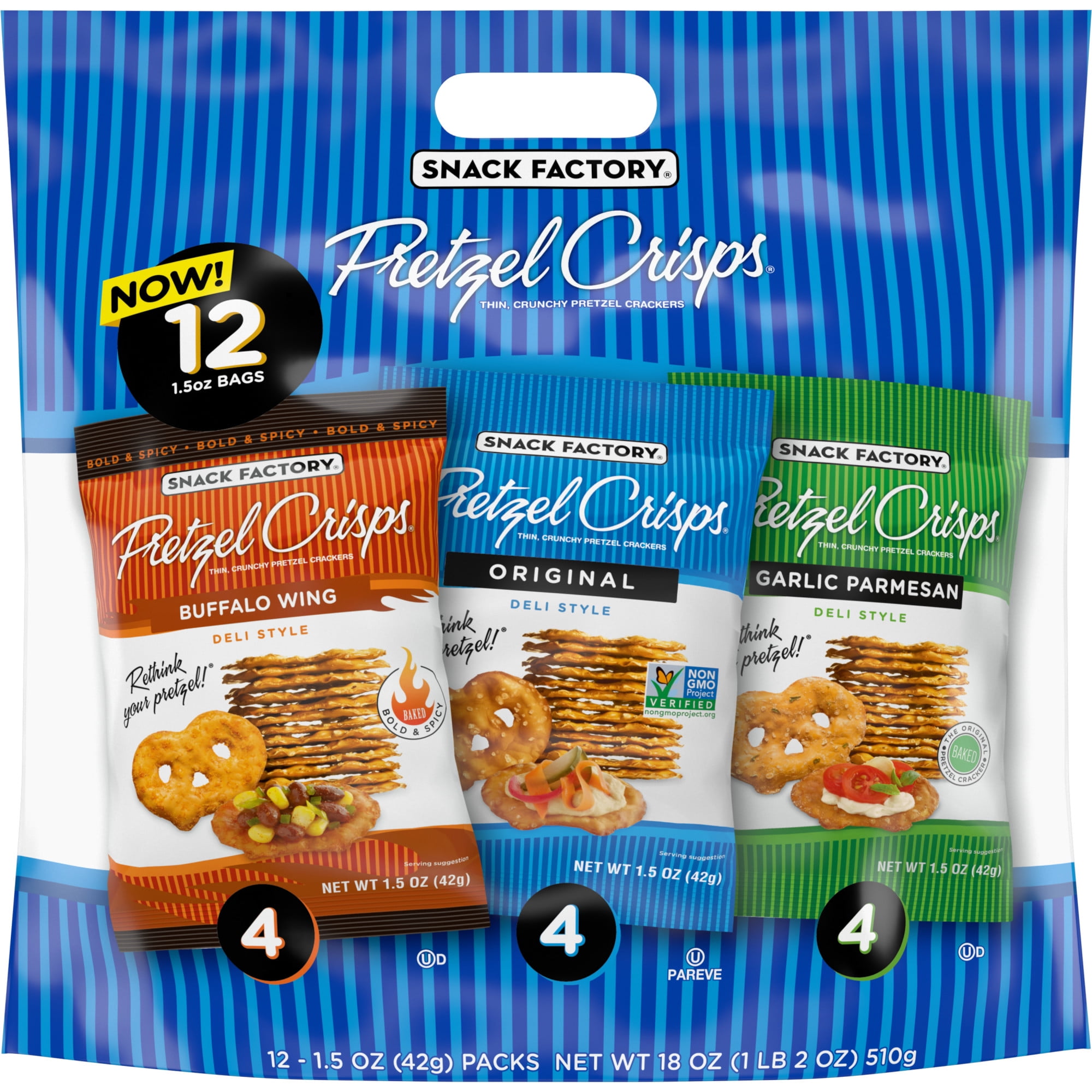 Snack Factory Pretzel Crisps Variety Pack, 1.5oz Snack Packs, 12ct