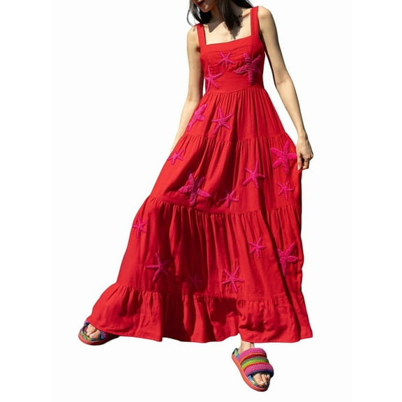 Women Embroidered Maxi Dress Sleeveless Smocked Flowy Sundress Boho Summer Long Dresses Beach Vocation Red XL