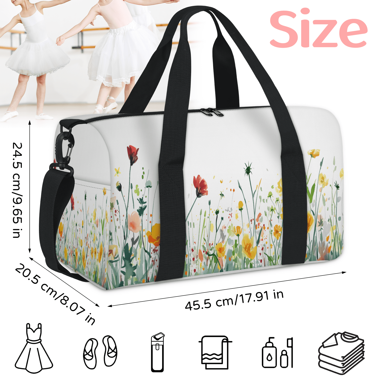 Herdesigns Wildflowers Red And Yellow Floral Gym Bag for Women, Duffle Bag for Travel Sport, Lightweight Waterproof Carry on Weekender Overnight Dance Yoga Workout Bags