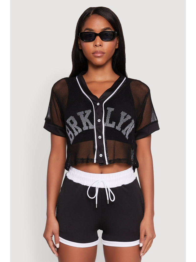 Womens Fishnet Brklyn Graphic Cropped Baseball Tee - Walmart.com