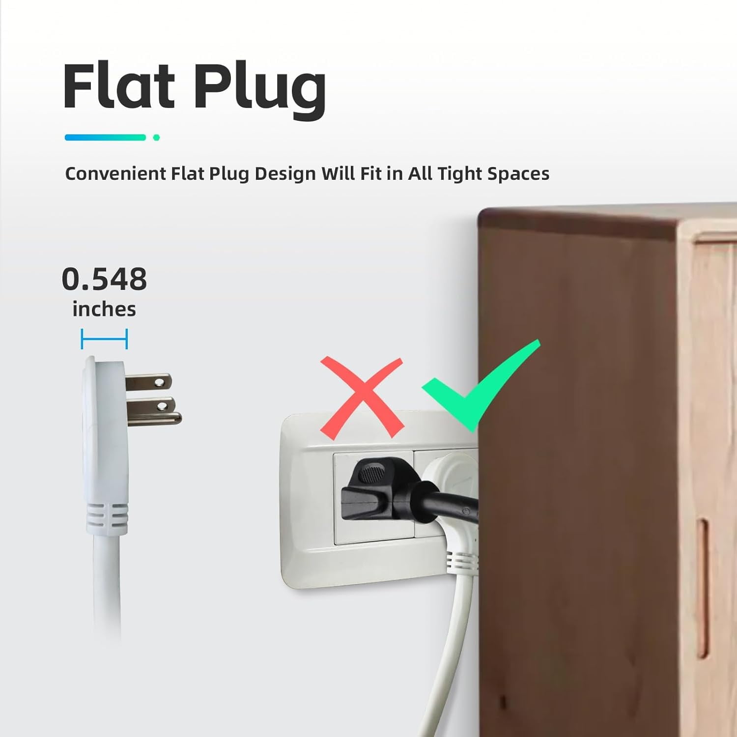 Low Profile 15 Ft Flat Plug Extension Cord - 16 AWG 3 Prong Grounded Cable with 3 Outlets, Perfect for Indoor Use, White, UL Listed