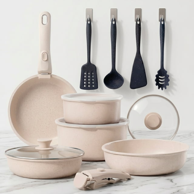 Nexus Chef Core Batería De Cocina 19 Piezas, Ollas Y Sartenes Antiadherentes, Con Mango Desmontable, Compatible Con Inducción, Horno y Gas, Recubrimiento de Granito, Libre de Plomo, Color Marfil