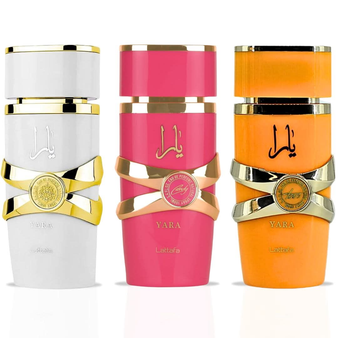 Yara Candy, Yara Moi & Yara Tous Eau de Parfum Sprays 100ml (3.4 oz) by Lattafa (Bundle)