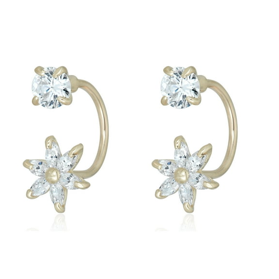AVORA 10K Yellow Gold Simulated Diamond CZ Flower Drop Jacket Earrings