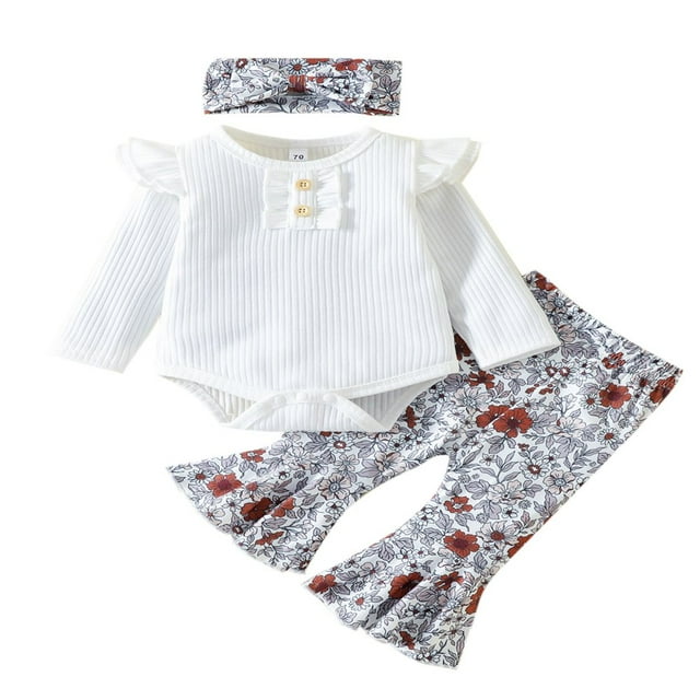 Baby Girls Pants Set Long Sleeve Romper + Flower Print Flare Pants + Bowknot Headband