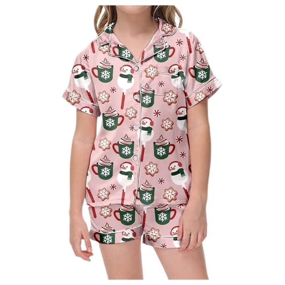 CAIVO Kids Christmas Classic Print 2 Piece Pajama Sets Button Down Lapel Collar Short Sleeve Shirts Tops & Shorts Nightwear