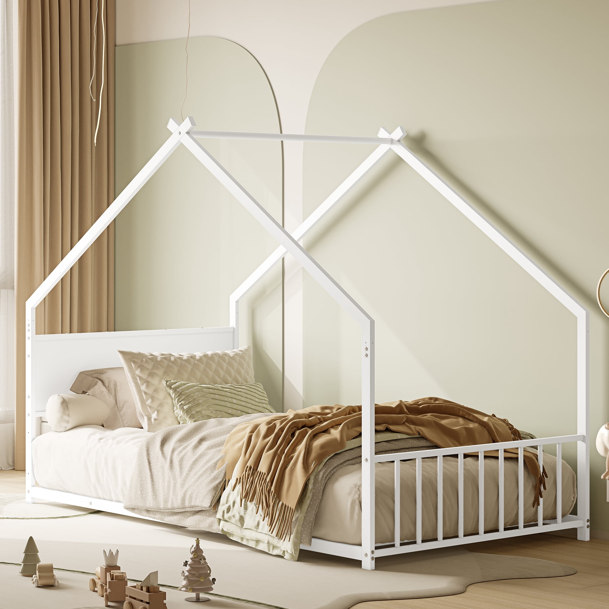 Euroco Metal  Twin Size House Bed with LED Lights, Floor Bed with Roof Design, White