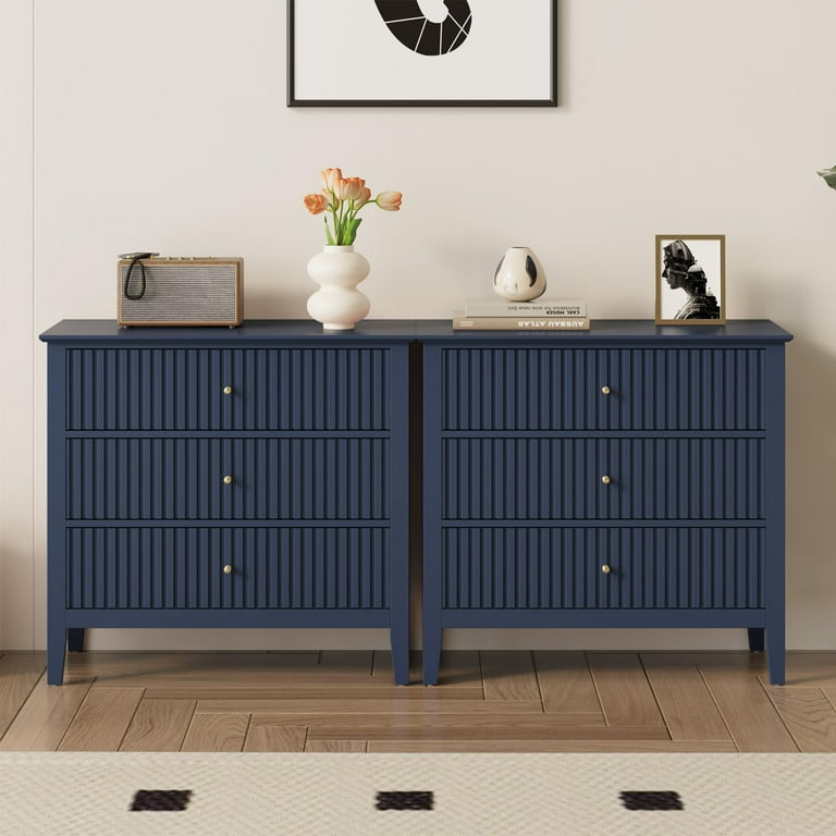 blue 3 drawer dresser Argento Six Drawer Dresser in Navy Blue and Burnished Brass (2024) — Modus  Furniture main image 0