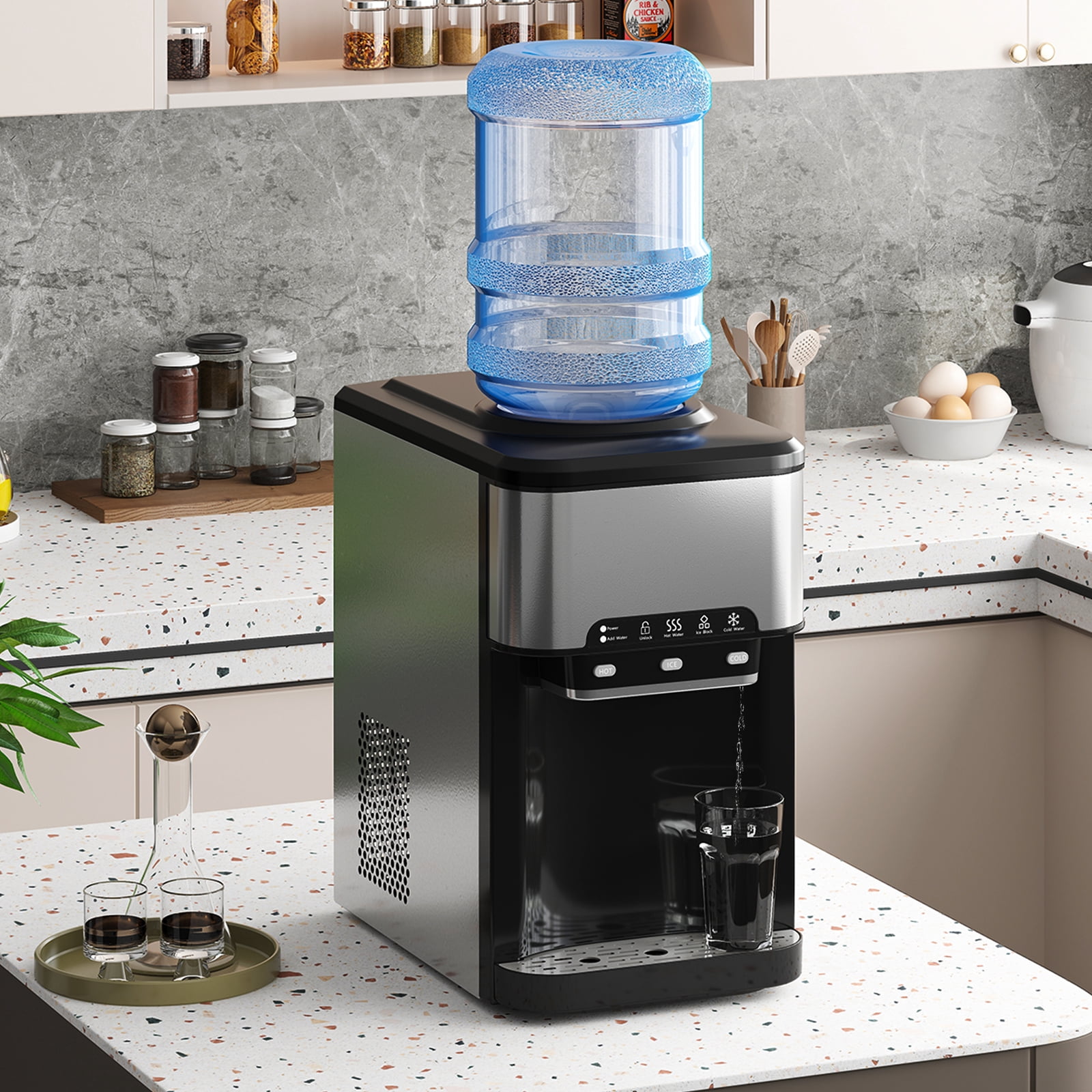 DISHUP 3 IN 1 Water Dispenser with Ice Maker, Cold & Hot Water, 3 or 5 Gallon, for Home/Kitchen/Office