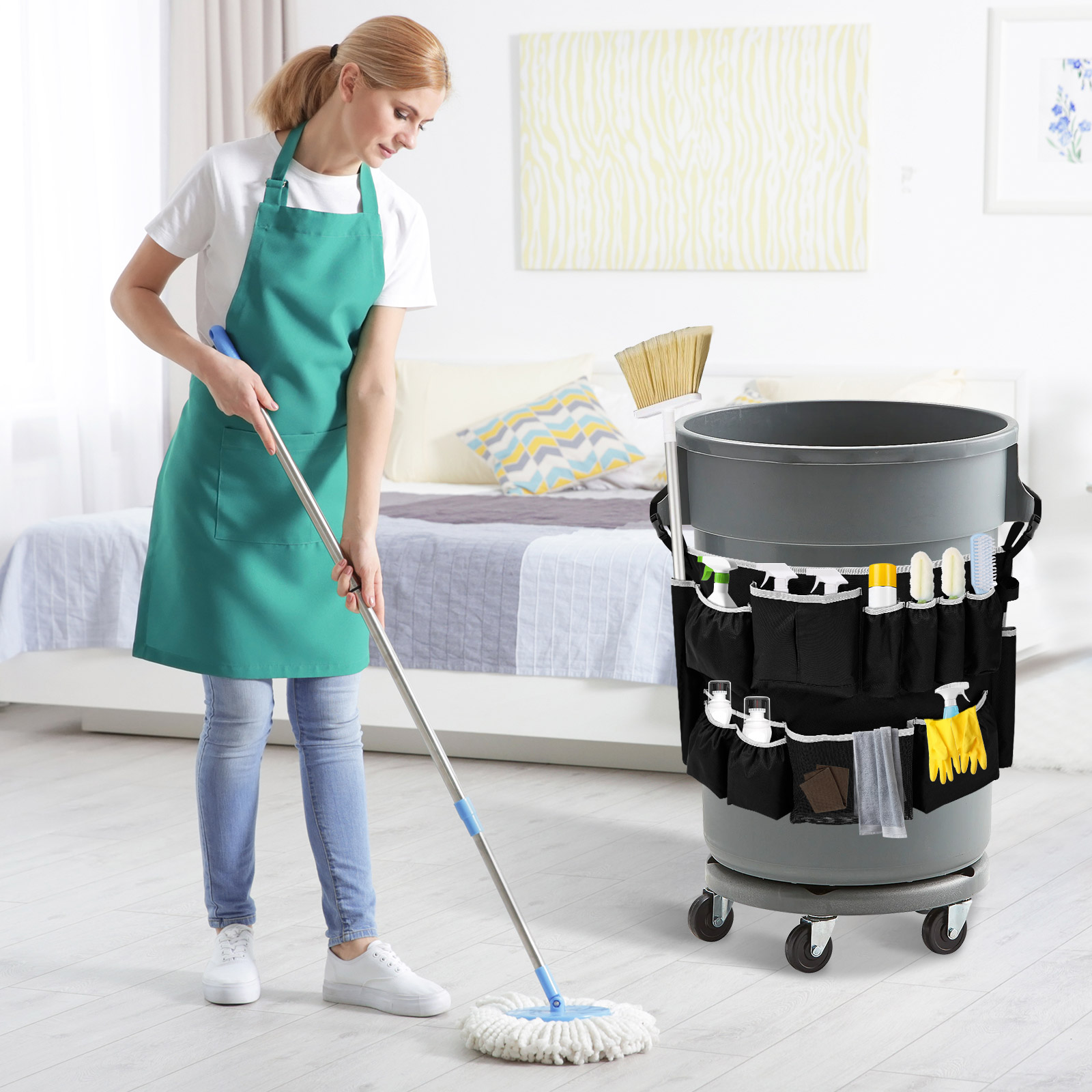 Trash Can Caddy Bag Fit 32 to 55 Gallon Garbage Bin Polyester Garbage Can Caddy with 13 Pockets for Housekeeper Professional Cleaner