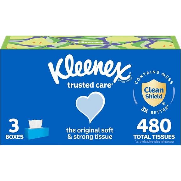Trusted Care Facial Tissues, 3 Flat Boxes, 160 Tissues per Box, 2-Ply (480 Total), Packaging May Vary